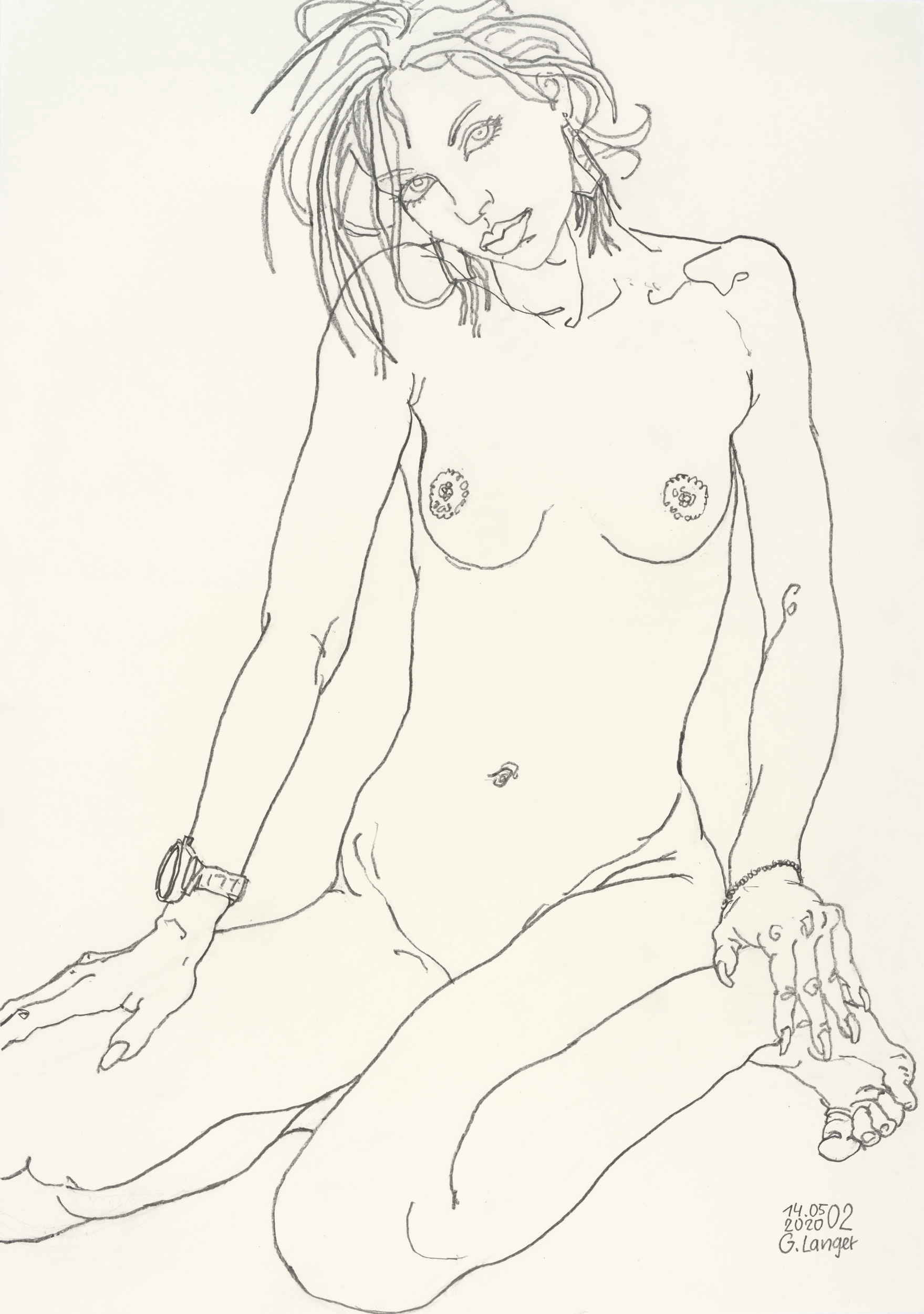 Gunter Langer, Sitzender Mädchenakt, Liebe, 2020, Bleistiftzeichnung, Karton, 100 x 70 cm